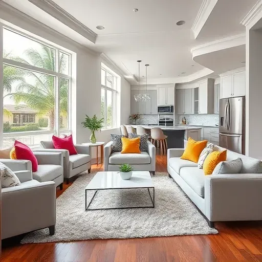 Modern living room in Hialeah FL featuring sleek furniture, natural light, hardwood floors, and stylish decor.