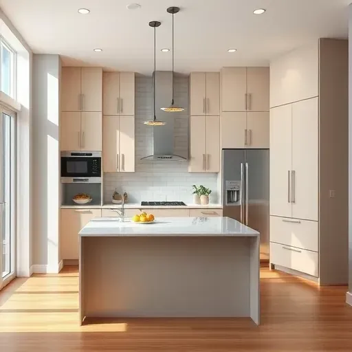 Remodeled Coral Springs Florida kitchen with modern matte cabinets, stainless steel appliances, quartz countertops, central island, and natural light