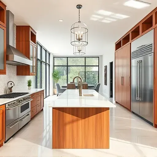 Freshly renovated Coral Springs kitchen with modern design, high-end appliances, quartz island, and warm cabinetry.