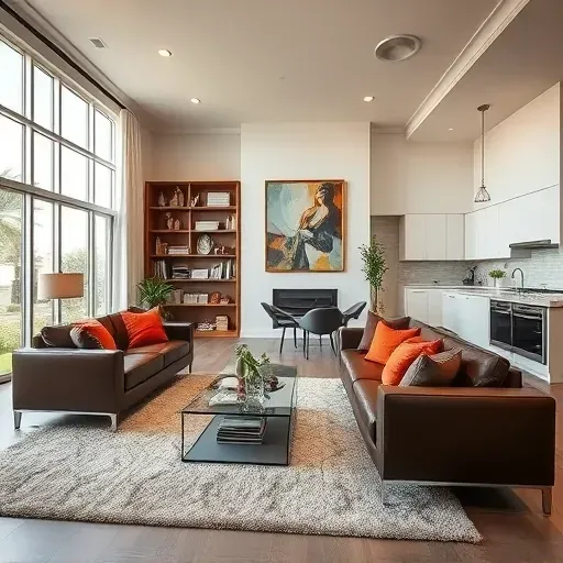 Elegant living room remodel in Hollywood FL with leather sofa, glass table, warm earth tones, and open-concept kitchen.