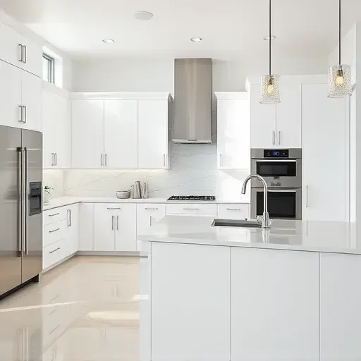 Modern custom white lacquered kitchen cabinets with silver handles, quartz countertops, stainless steel appliances in bright spacious kitchen