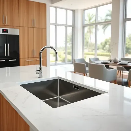 Modern upscale Coral Springs kitchen showcasing a sleek stainless steel undermount sink, quartz countertop, stylish cabinetry, and natural light.