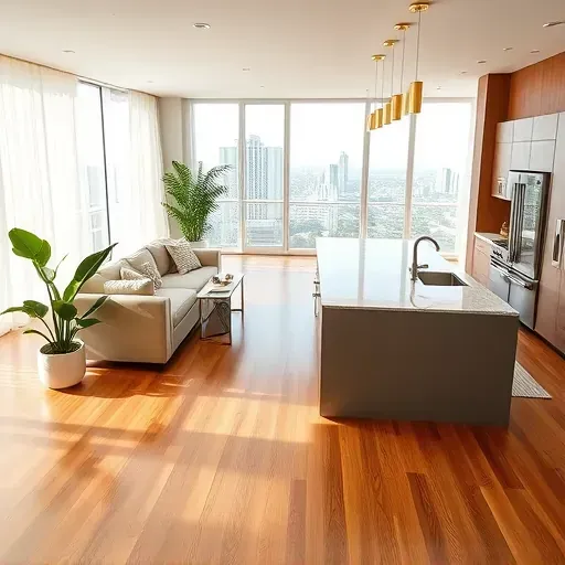 Modern open-concept living space in Miami featuring sleek kitchen, hardwood floors, and floor-to-ceiling windows.