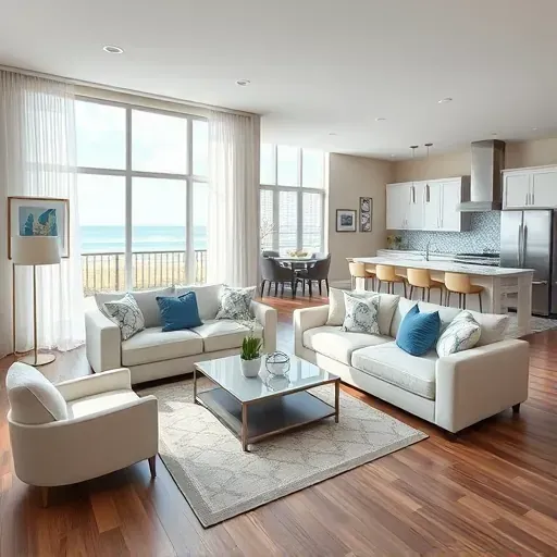 Contemporary living room in Deerfield Beach FL with coastal decor, natural light, and a serene beach view.