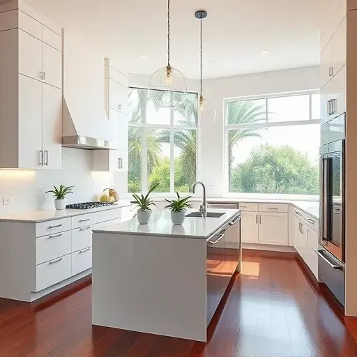 Modern elegant kitchen in Riviera Beach FL with quartz countertops, stainless steel appliances and vibrant green plants.