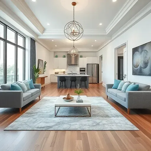 Modern living room in Kendall FL featuring sleek furnishings, soft blues, high ceilings, and natural lighting.