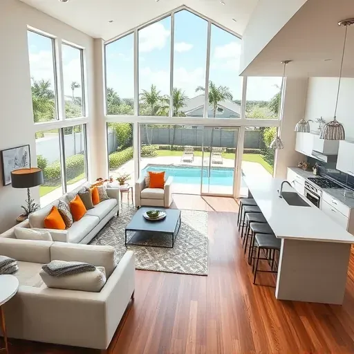 Completed Coral Springs home renovation showing a spacious modern living room with large windows, stylish decor, and landscaped backyard