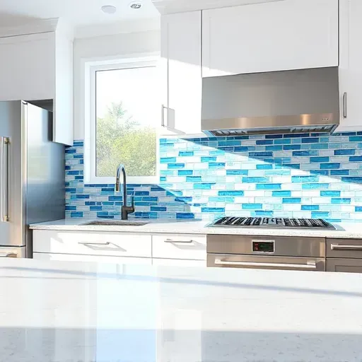 Freshly installed blue and white mosaic tile backsplash in modern Coral Springs kitchen with sleek cabinets and natural light