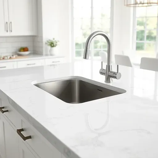 Coral Springs FL quartz kitchen countertop with natural veining, sleek stainless steel sink, white cabinetry, and subway tile backsplash