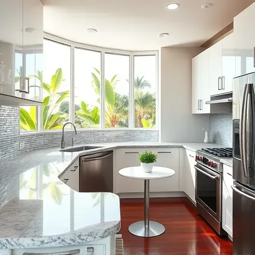 Modern Delray Beach kitchen with sleek cabinetry, granite countertops, large windows, and vibrant tropical plants.