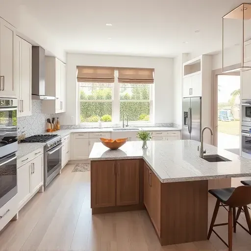 Modern kitchen remodel in Weston FL with sleek cabinetry, granite countertops, natural light, and elegant decor elements.