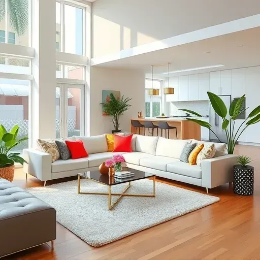 Modern South Beach living room remodel with large windows, elegant furnishings, and tropical plants enhancing luxury.