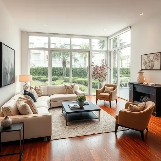 Remodeled living room in Hallandale Beach featuring contemporary design, luxurious sofa, and sunny garden view.