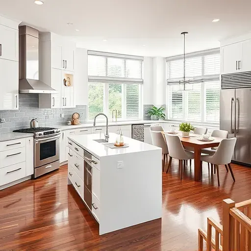 Modern Parkland kitchen remodel featuring glossy white cabinets, quartz island, and stainless steel appliances.