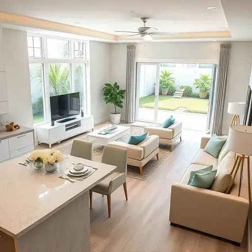 Remodeled Palm Beach Gardens open-concept living space with modern furniture, natural light, and elegant dining area.
