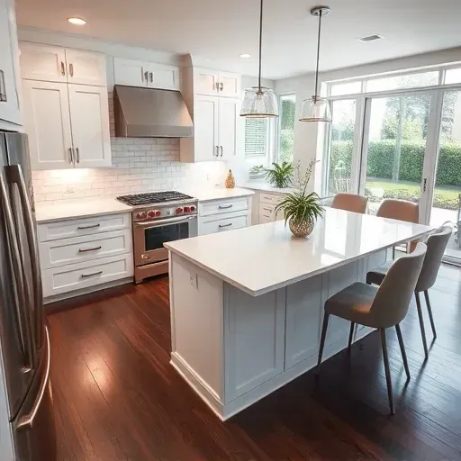 Completed kitchen remodel in Parkland FL featuring white cabinetry, quartz island, stainless appliances, and hardwood floors.