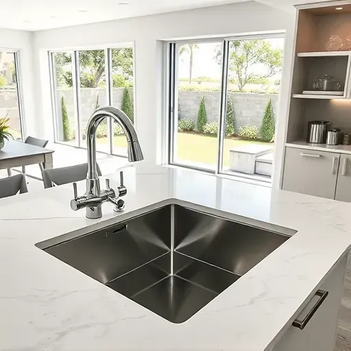 Modern stainless steel farmhouse sink with chrome fixtures in a marble countertop kitchen in Coral Springs Florida
