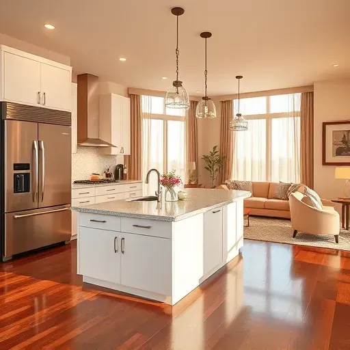Modern kitchen remodel in Weston, FL featuring sleek stainless steel appliances, quartz island, and hardwood flooring.