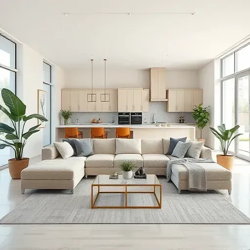 A contemporary living room in Palm Beach Gardens featuring beige and gray tones, large windows, plush sofa, and stylish decor.