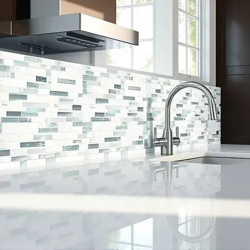 Modern Coral Springs kitchen with white, gray, and turquoise mosaic tile backsplash above a white quartz countertop