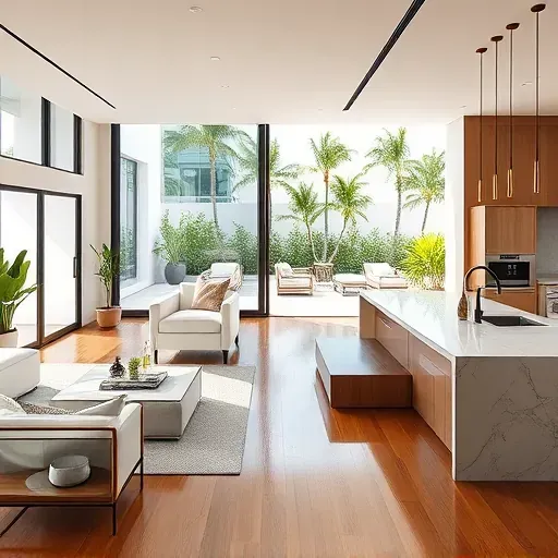Elegant South Beach remodeling featuring modern interiors, sleek furniture, large windows, and a serene outdoor patio.