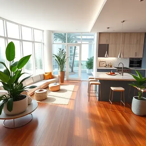 Modern Miami Beach interior redesign featuring an open-concept living area with large windows, high-end finishes, and sleek furnishings.