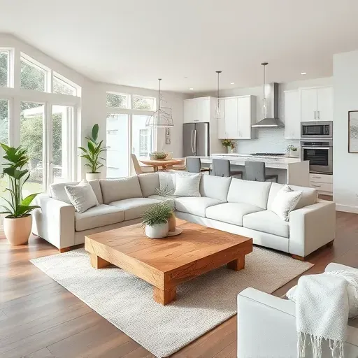 Modern Jupiter FL living space with open floor plan, soft colors, stylish furnishings, and gourmet kitchen design.