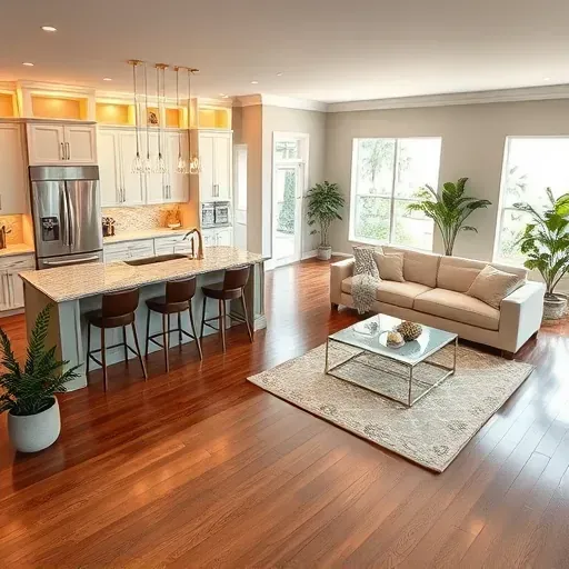 Stylish Coral Springs kitchen and living area showcase custom cabinetry, marble countertops, and abundant natural light.