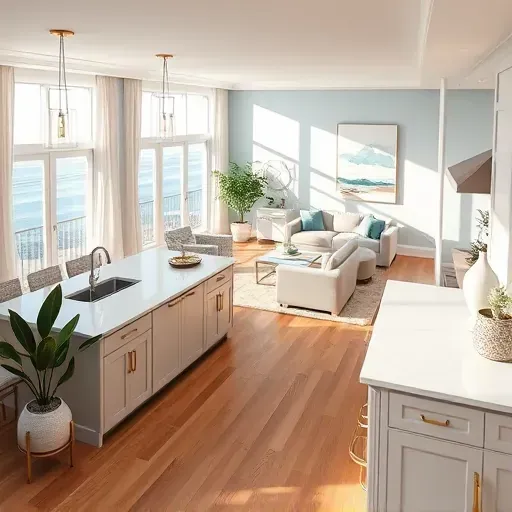 Modern open-concept living area in Boynton Beach featuring coastal design, quartz countertops, and natural light.