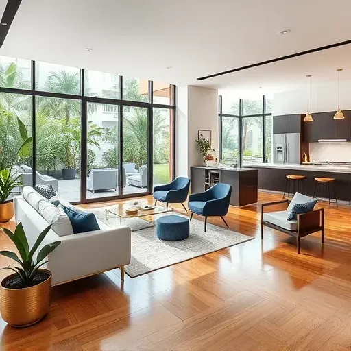Modern North Miami living space with polished hardwood floors, large windows, minimalist furniture, and tropical views.