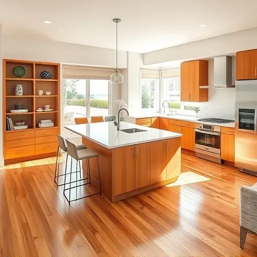 Modern West Palm Beach kitchen remodel featuring warm custom cabinetry, quartz countertops, and polished oak flooring.