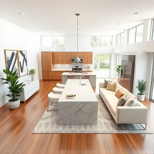 Modern open-concept living space in Hallandale Beach with sleek walls, hardwood floors, and stylish furnishings.