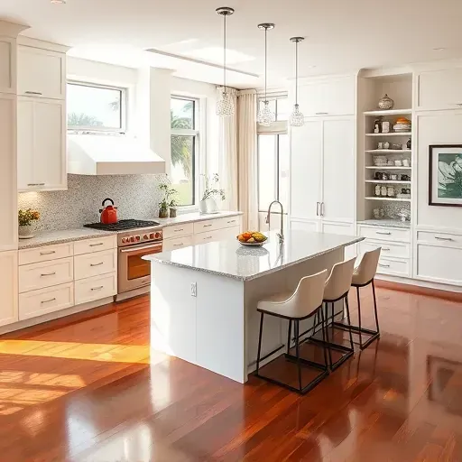 Modern kitchen remodel in Plantation FL featuring white cabinetry, granite countertops, and a bright airy atmosphere.