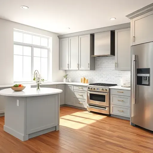 Stylish kitchen in Margate FL with gray cabinetry, quartz island, and natural light highlighting modern design elements.