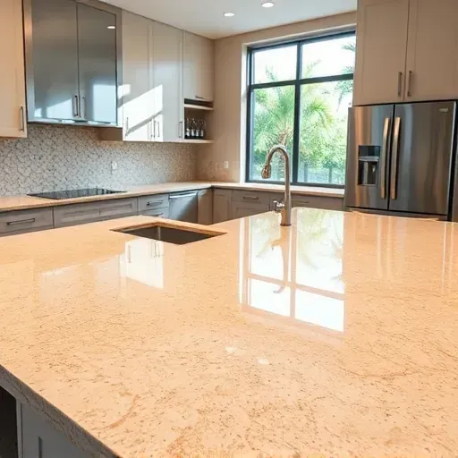 Modern kitchen with polished beige granite countertops, stainless steel appliances, tropical view, and sleek cabinetry
