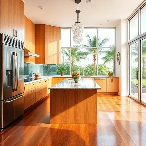 Modern Fort Lauderdale kitchen remodel with sleek appliances, granite countertops, and warm neutral tones. Elegant lighting enhances luxury.