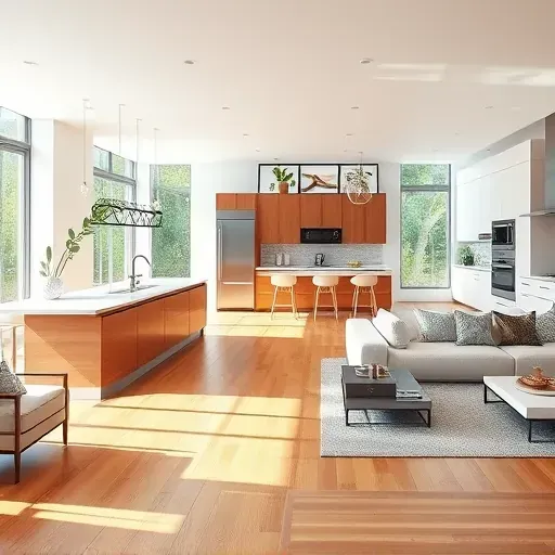 Modern open-concept living space in Dania Beach features sleek design, elegant kitchen, and natural light from large windows.