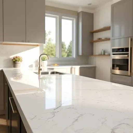Freshly installed quartz countertop in a modern kitchen with intricate veining, polished surface, seamless edges, natural light reflection