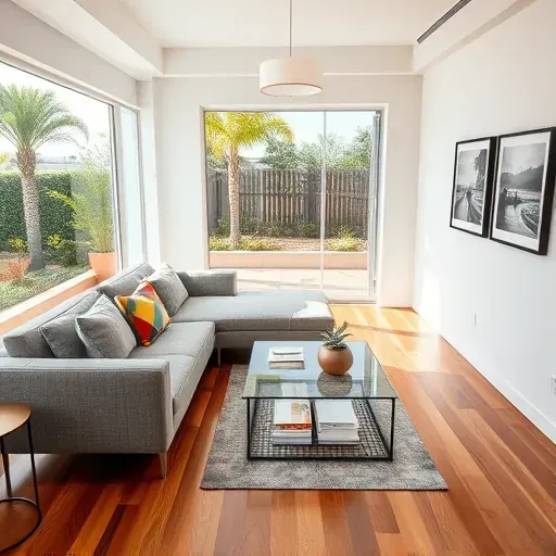 Contemporary living room remodel in West Palm Beach with grey sectional, glass coffee table, and natural light illuminating decor.