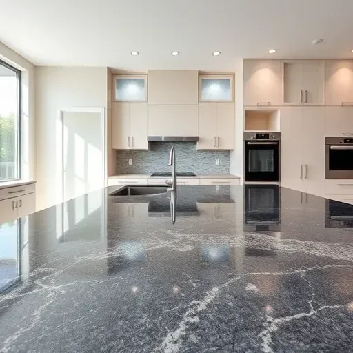 Contemporary kitchen in Coral Springs FL with polished granite countertop featuring natural veining and bright natural light