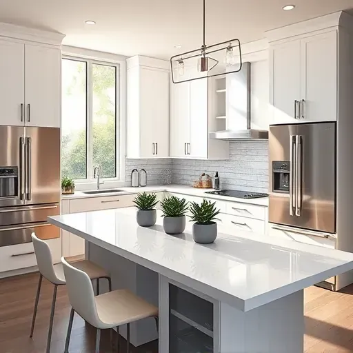 Modern kitchen remodel in Hollywood FL features sleek white cabinetry, a large quartz island, stainless appliances, and natural light.