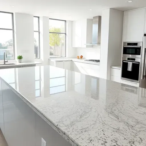 Modern kitchen with sleek glass backsplash, granite countertops, stainless steel appliances, and natural daylight.