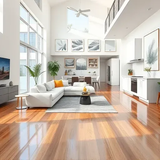 Elegant Hollywood FL living space with open floor plan, high ceilings, hardwood floors, and modern furnishings.