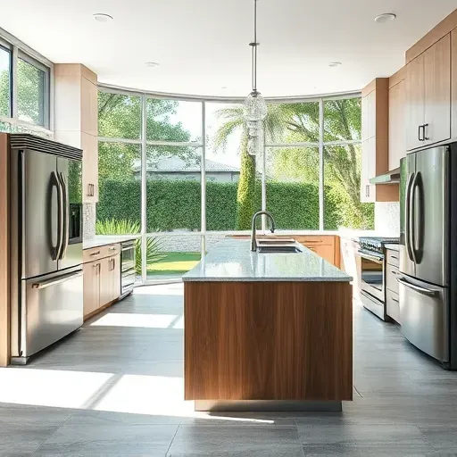 Modern renovated kitchen in Coral Springs FL with stainless steel appliances granite island floor-to-ceiling windows and landscaped backyard