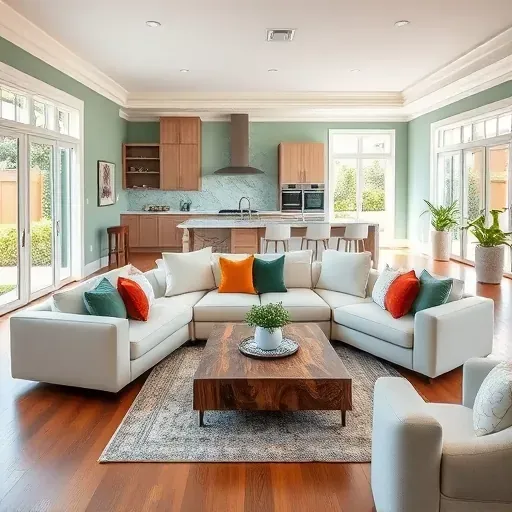 modern living room in Weston FL with neutral sofa colorful pillows reclaimed wood table seafoam walls large windows