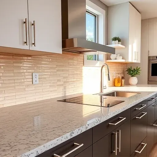 Freshly installed glossy ceramic kitchen backsplash with textured patterns, neutral tones, polished granite countertops, and modern cabinetry in a well-lit contemporary kitchen in Coral Springs Florida