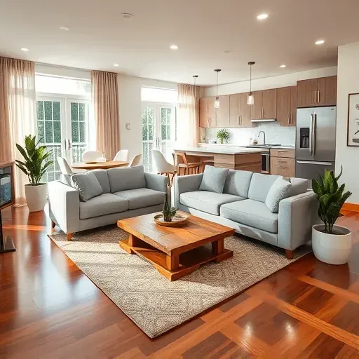 Modern living room in Pembroke Pines FL with open floor plan, gray sofa, reclaimed wood coffee table, and natural light.