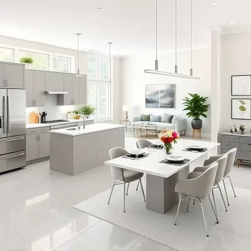 Modern Deerfield Beach living space with open-concept kitchen, elegant dining for four, and abundant natural light.