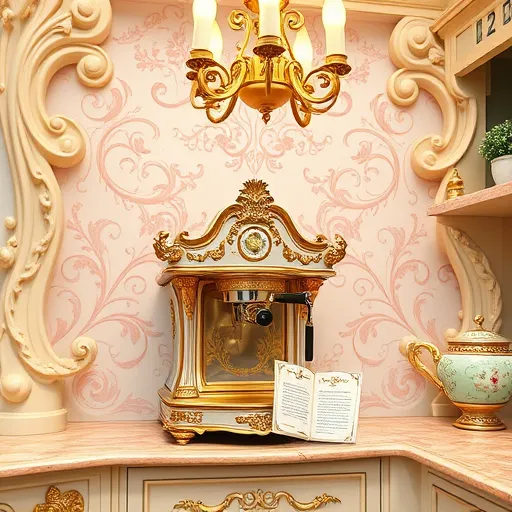 A luxurious Rococo-inspired kitchen corner featuring an ornate, vintage coffee machine with intricate decorations, placed on a gilded marble countertop. The scene is framed by elaborate flowing carvings, delicate floral motifs in pastel shades of blush pink, mint green, and creamy gold, and baroque flourishes. Whimsical details include tiny cherubs and decorative curly hooks holding shiny utensils, adding a playful touch. The background showcases ornate Rococo-style wallpaper with swirling vines and lace-like patterns, complemented by a softly glowing chandelier that casts a warm, inviting light, enhancing the scene's elegance. A quirky element features a small, ornate instruction manual with a feathered quill, suggesting whimsical installation. The environment depicts a lavish antique kitchen with marble-topped cabinets, ornate gold accents, and porcelain jars, all illuminated by a gentle, diffused glow that evokes sophistication and playfulness. The overall art style emphasizes intricate lines and ornate detailing typical of Rococo art, with a harmonious pastel palette conveying warmth, elegance, and lighthearted extravagance.