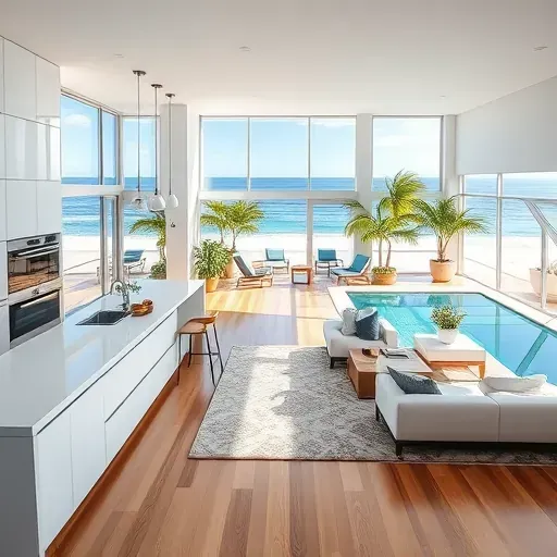 Coastal home remodel in Fort Lauderdale Beach with modern interior, large windows, ocean view, and elegant decor.